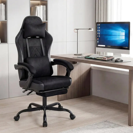 Gaming Chair Height Adjustable Computer Chair with Headrest Lumbar Support Linkage Armrests-Black - Black - Gaming