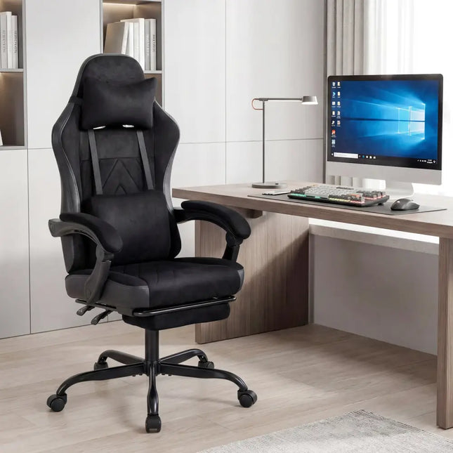 Gaming Chair Height Adjustable Computer Chair with Headrest Lumbar Support Linkage Armrests-Black - Black - Gaming