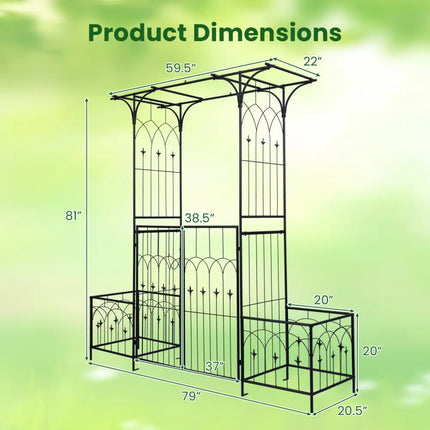 Garden Arbor with Gate and Planter Boxes Heavy Duty Metal Arch with Side Trellis - Outdoor Decor