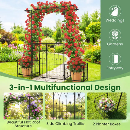Garden Arbor with Gate and Planter Boxes Heavy Duty Metal Arch with Side Trellis - Outdoor Decor