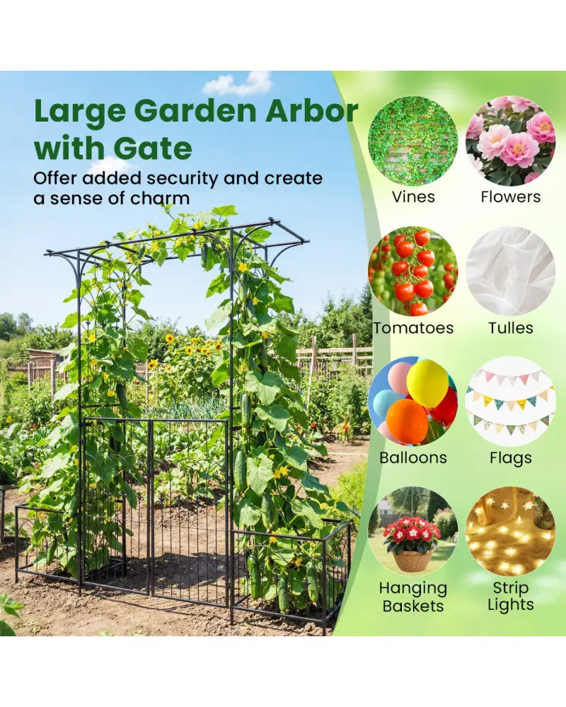 Garden Arbor with Gate and Planter Boxes Heavy Duty Metal Arch with Side Trellis - Outdoor Decor