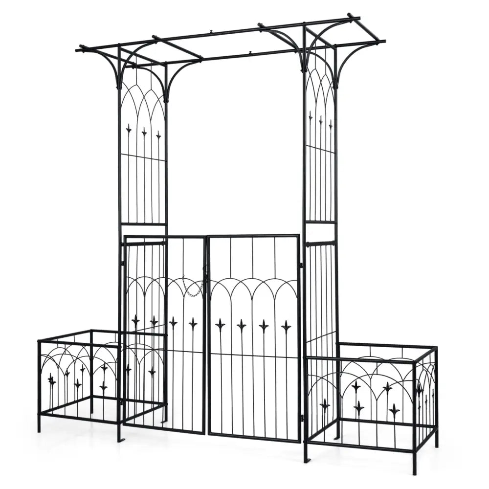 Garden Arbor with Gate and Planter Boxes Heavy Duty Metal Arch with Side Trellis - Outdoor Decor
