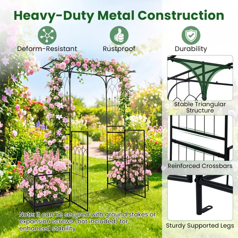 Garden Arbor with Gate and Planter Boxes Heavy Duty Metal Arch with Side Trellis - Garden Arbors