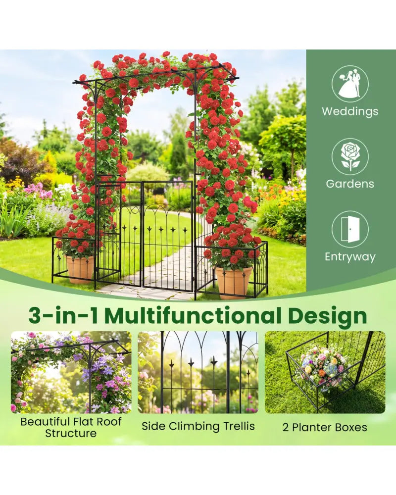 Garden Arbor with Gate and Planter Boxes Heavy Duty Metal Arch with Side Trellis - Outdoor Decor