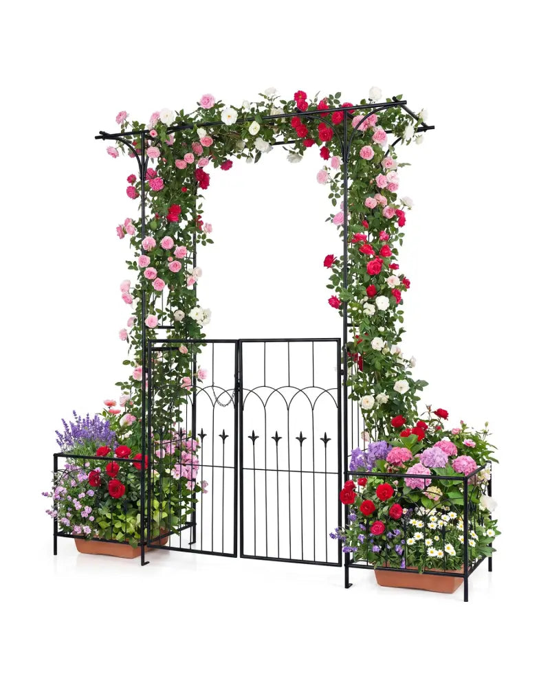 Garden Arbor with Gate and Planter Boxes Heavy Duty Metal Arch with Side Trellis - Outdoor Decor