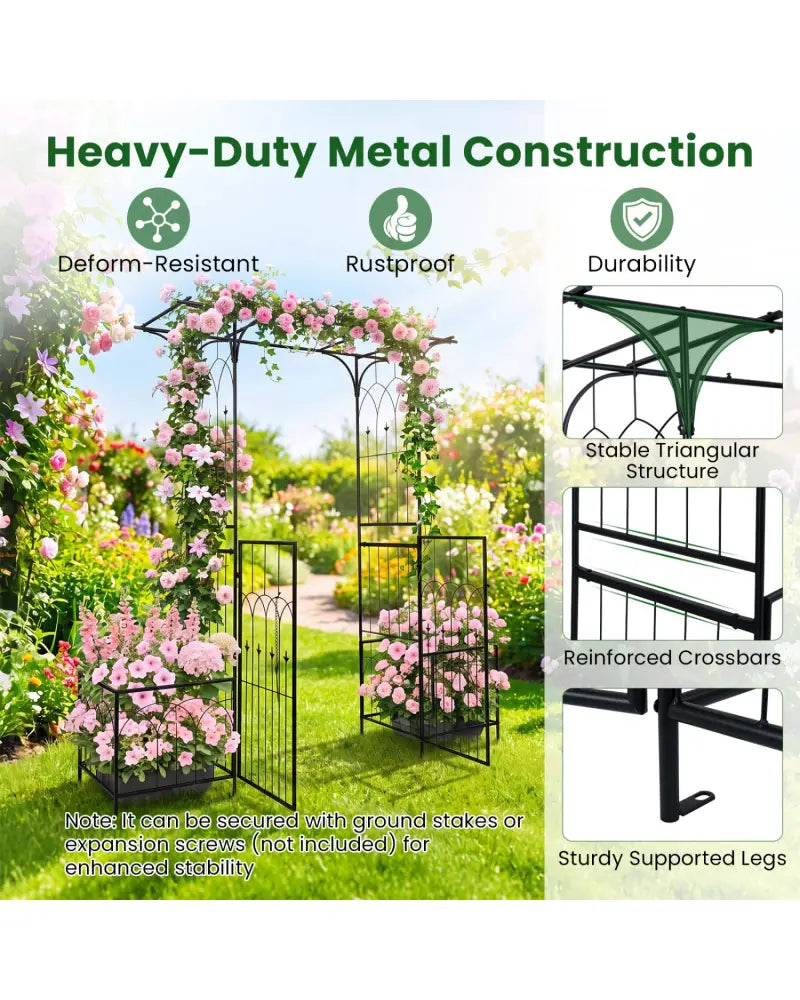 Garden Arbor with Gate and Planter Boxes Heavy Duty Metal Arch with Side Trellis - Outdoor Decor
