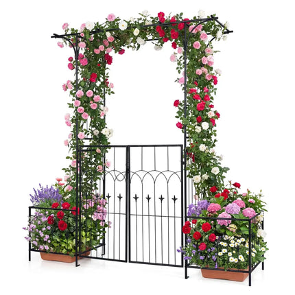 Garden Arbor with Gate and Planter Boxes Heavy Duty Metal Arch with Side Trellis - Outdoor Decor