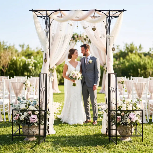 Garden Arbor with Gate and Planter Boxes Heavy Duty Metal Arch with Side Trellis - Outdoor Decor