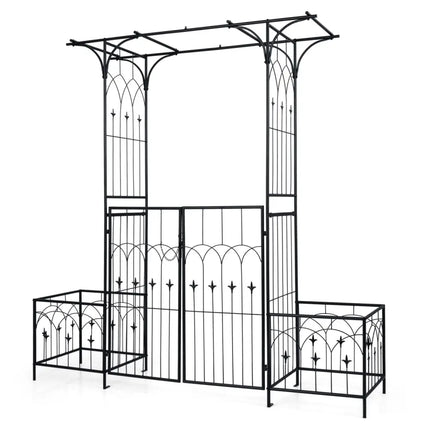 Garden Arbor with Gate and Planter Boxes Heavy Duty Metal Arch with Side Trellis - Outdoor Decor