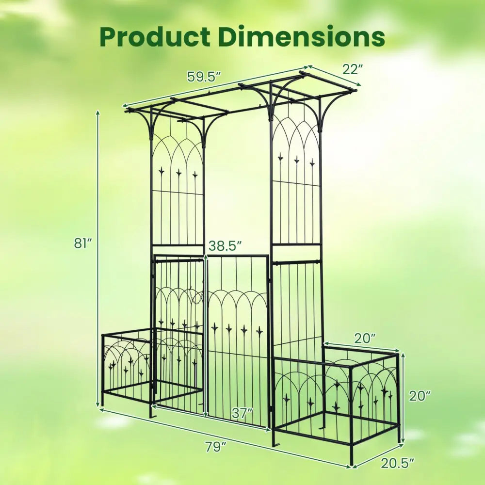 Garden Arbor with Gate and Planter Boxes Heavy Duty Metal Arch with Side Trellis - Outdoor Decor
