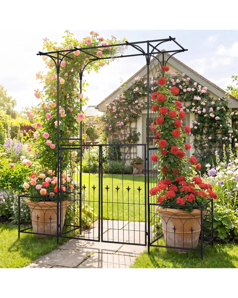 Garden Arbor with Gate and Planter Boxes Heavy Duty Metal Arch with Side Trellis - Outdoor Decor