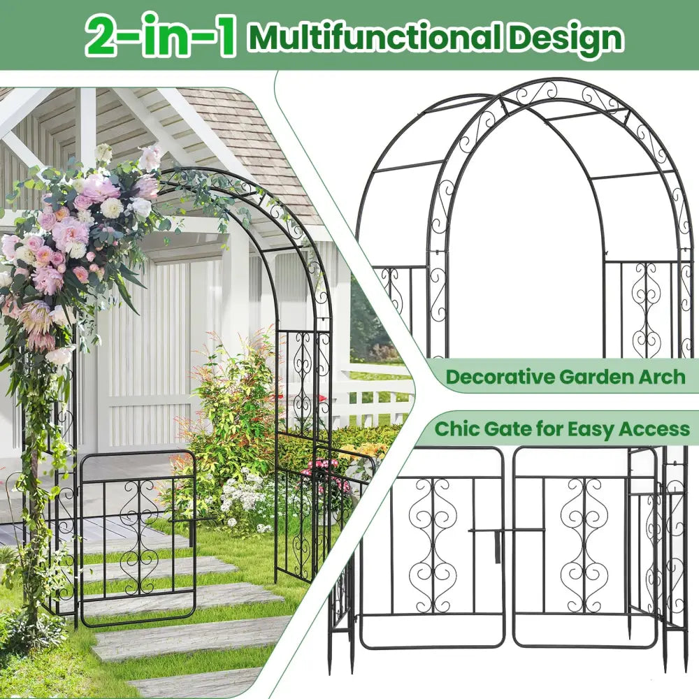 Garden Arbor with Gate with Multiple Side Crossbars and 4 Sharp Ground Stakes-Black - Black - Outdoor Decor