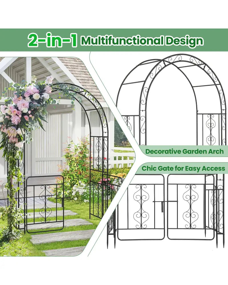 Garden Arbor with Gate with Multiple Side Crossbars and 4 Sharp Ground Stakes-Black - Black - Outdoor Decor
