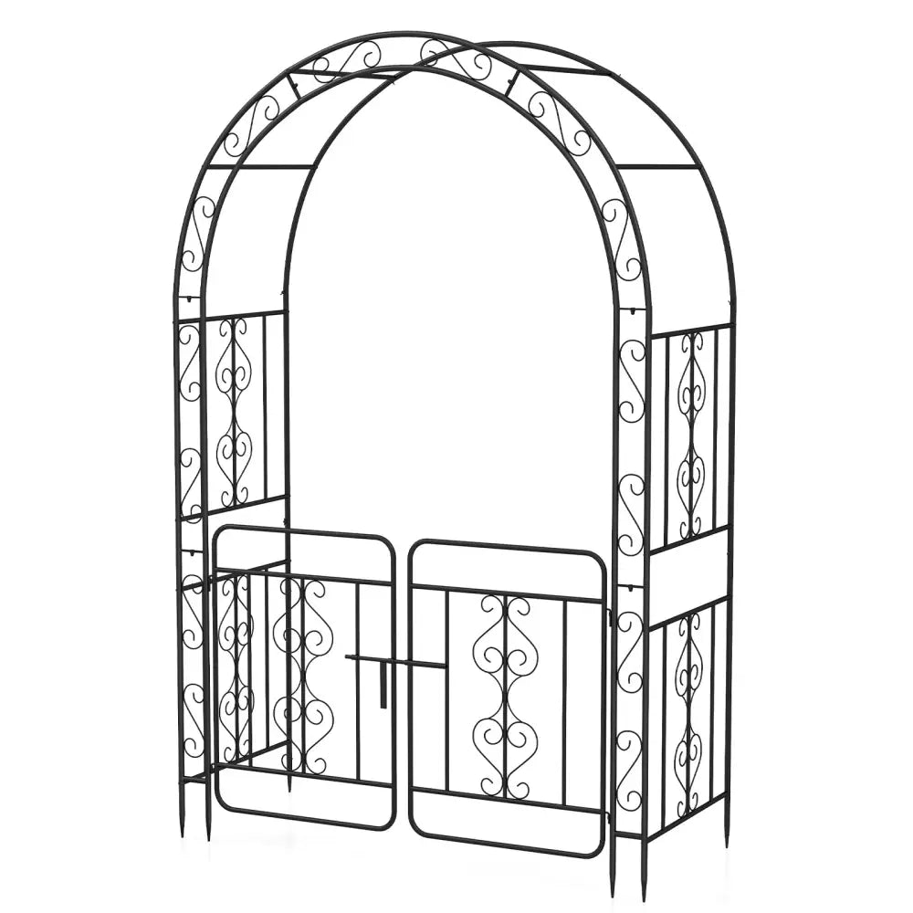 Garden Arbor with Gate with Multiple Side Crossbars and 4 Sharp Ground Stakes-Black - Black - Outdoor Decor