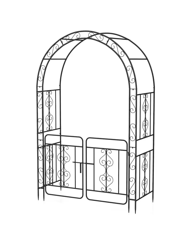 Garden Arbor with Gate with Multiple Side Crossbars and 4 Sharp Ground Stakes-Black - Black - Outdoor Decor