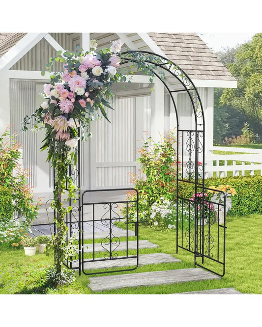 Garden Arbor with Gate with Multiple Side Crossbars and 4 Sharp Ground Stakes-Black - Black - Garden Arbors