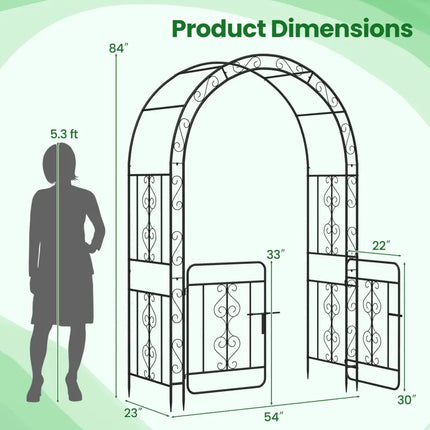 Garden Arbor with Gate with Multiple Side Crossbars and 4 Sharp Ground Stakes-Black - Black - Outdoor Decor