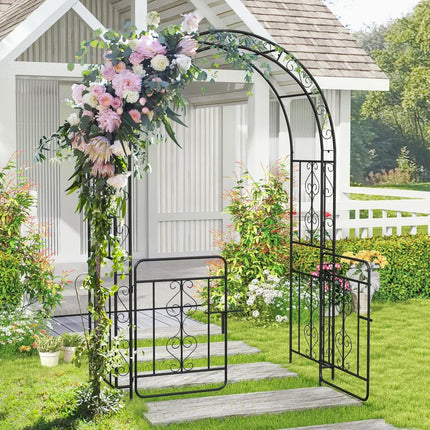 Garden Arbor with Gate with Multiple Side Crossbars and 4 Sharp Ground Stakes-Black - Black - Outdoor Decor