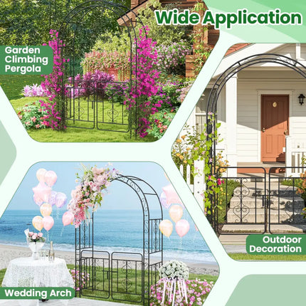 Garden Arbor with Gate with Multiple Side Crossbars and 4 Sharp Ground Stakes-Black - Black - Outdoor Decor