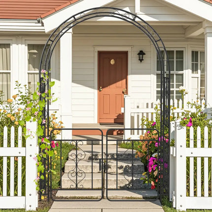 Garden Arbor with Gate with Multiple Side Crossbars and 4 Sharp Ground Stakes-Black - Black - Outdoor Decor