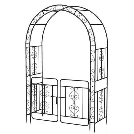 Garden Arbor with Gate with Multiple Side Crossbars and 4 Sharp Ground Stakes-Black - Black - Outdoor Decor