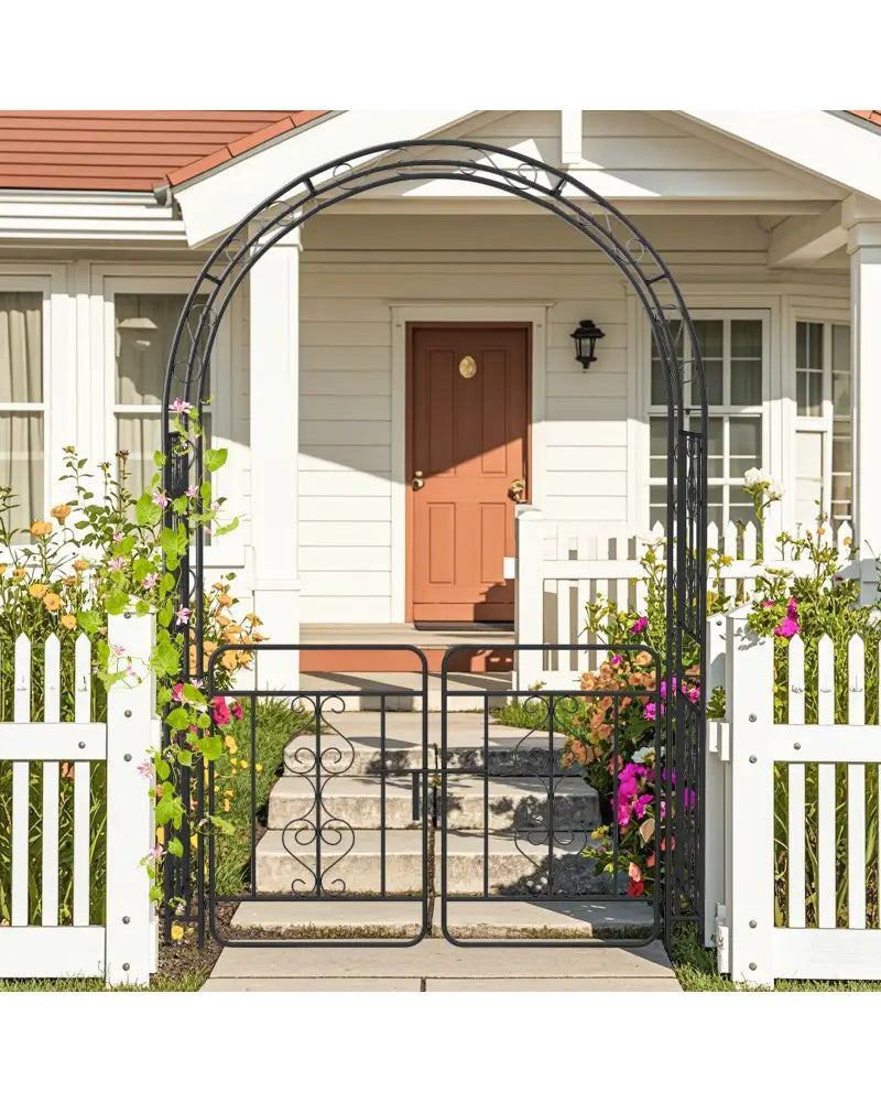 Garden Arbor with Gate with Multiple Side Crossbars and 4 Sharp Ground Stakes-Black - Black - Outdoor Decor