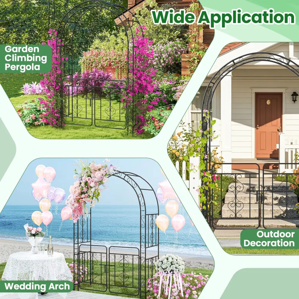 Garden Arbor with Gate with Multiple Side Crossbars and 4 Sharp Ground Stakes-Black - Black - Outdoor Decor