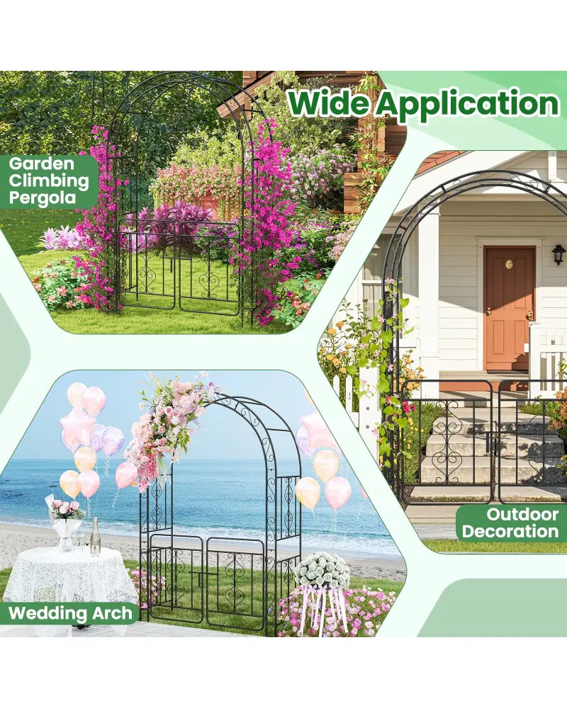Garden Arbor with Gate with Multiple Side Crossbars and 4 Sharp Ground Stakes-Black - Black - Outdoor Decor