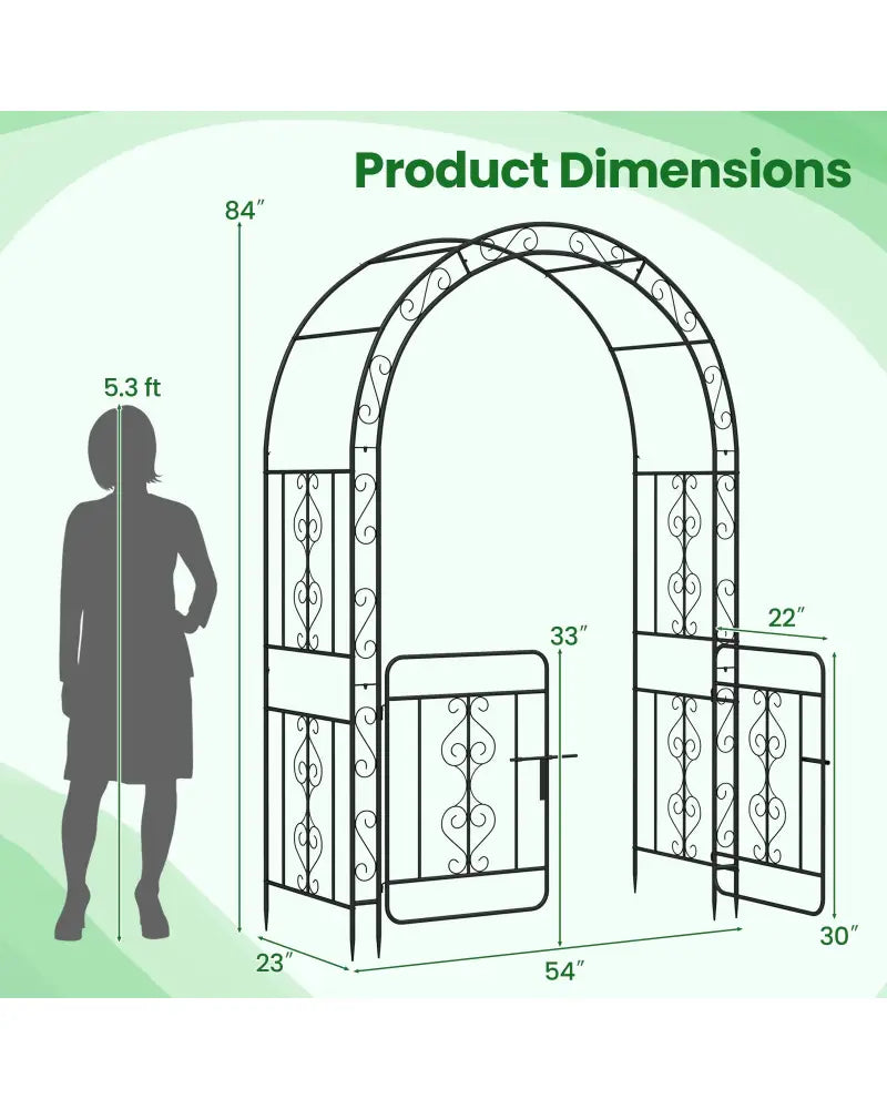 Garden Arbor with Gate with Multiple Side Crossbars and 4 Sharp Ground Stakes-Black - Black - Outdoor Decor