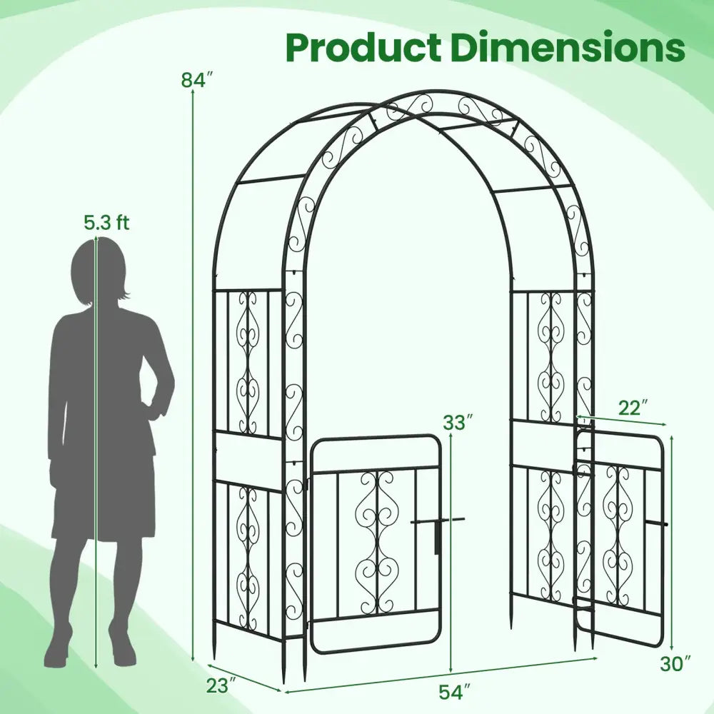 Garden Arbor with Gate with Multiple Side Crossbars and 4 Sharp Ground Stakes-Black - Black - Outdoor Decor