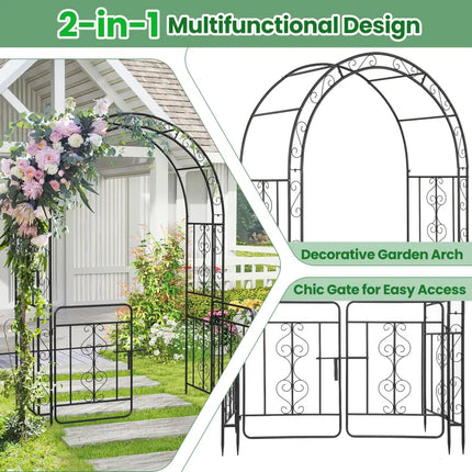 Garden Arbor with Gate with Multiple Side Crossbars and 4 Sharp Ground Stakes-Black - Black - Outdoor Decor