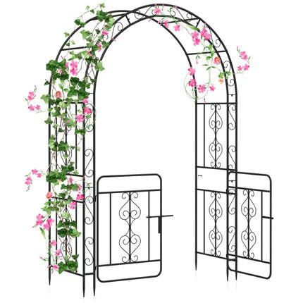 Garden Arbor with Gate with Multiple Side Crossbars and 4 Sharp Ground Stakes-Black - Black - Outdoor Decor