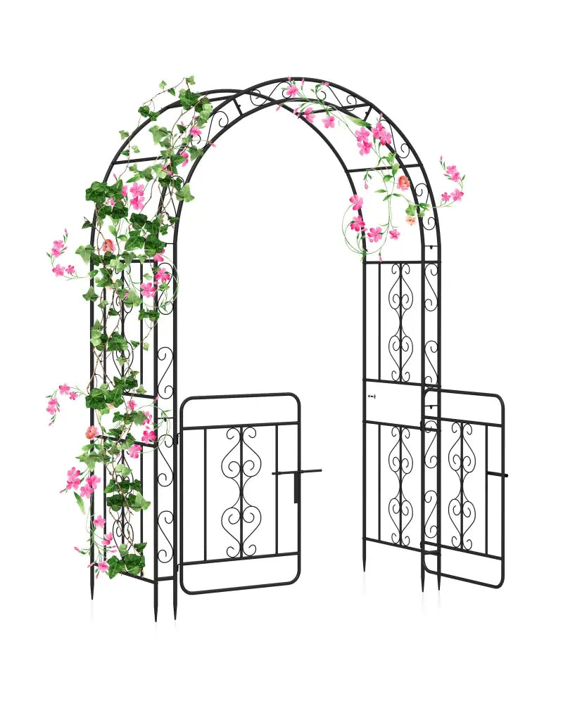 Garden Arbor with Gate with Multiple Side Crossbars and 4 Sharp Ground Stakes-Black - Black - Outdoor Decor