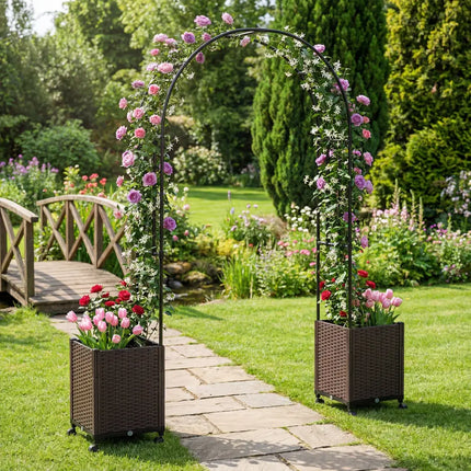 Garden Arch Trellis with 2 Self-watering Planter Boxes for Party Yard Lawn-Black - Black - Plant Supports