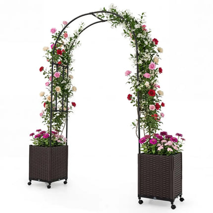 Garden Arch Trellis with 2 Self-watering Planter Boxes for Party Yard Lawn-Black - Black - Plant Supports
