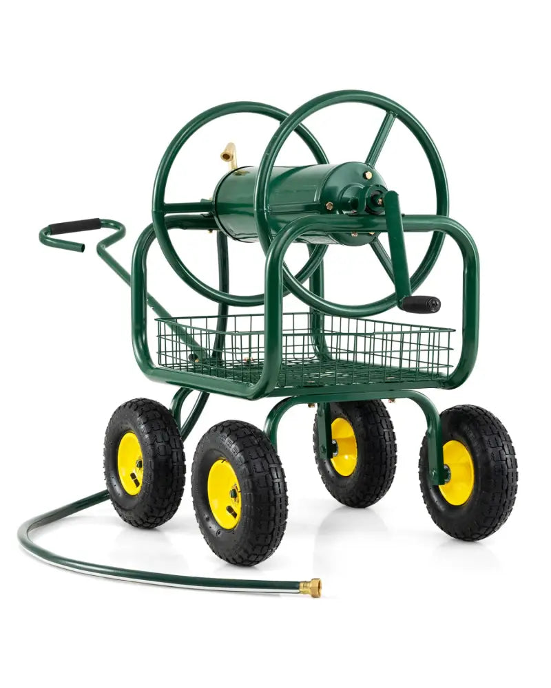 Garden Hose Reel Cart 300 Feet Large Capacity with 4 Wheels and Storage Basket-Green - Green - Watering & Irrigation