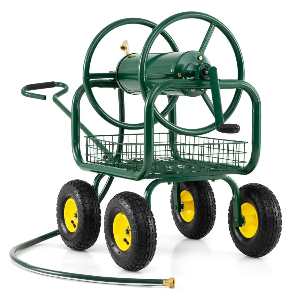 Garden Hose Reel Cart 300 Feet Large Capacity with 4 Wheels and Storage Basket-Green - Green - Watering & Irrigation