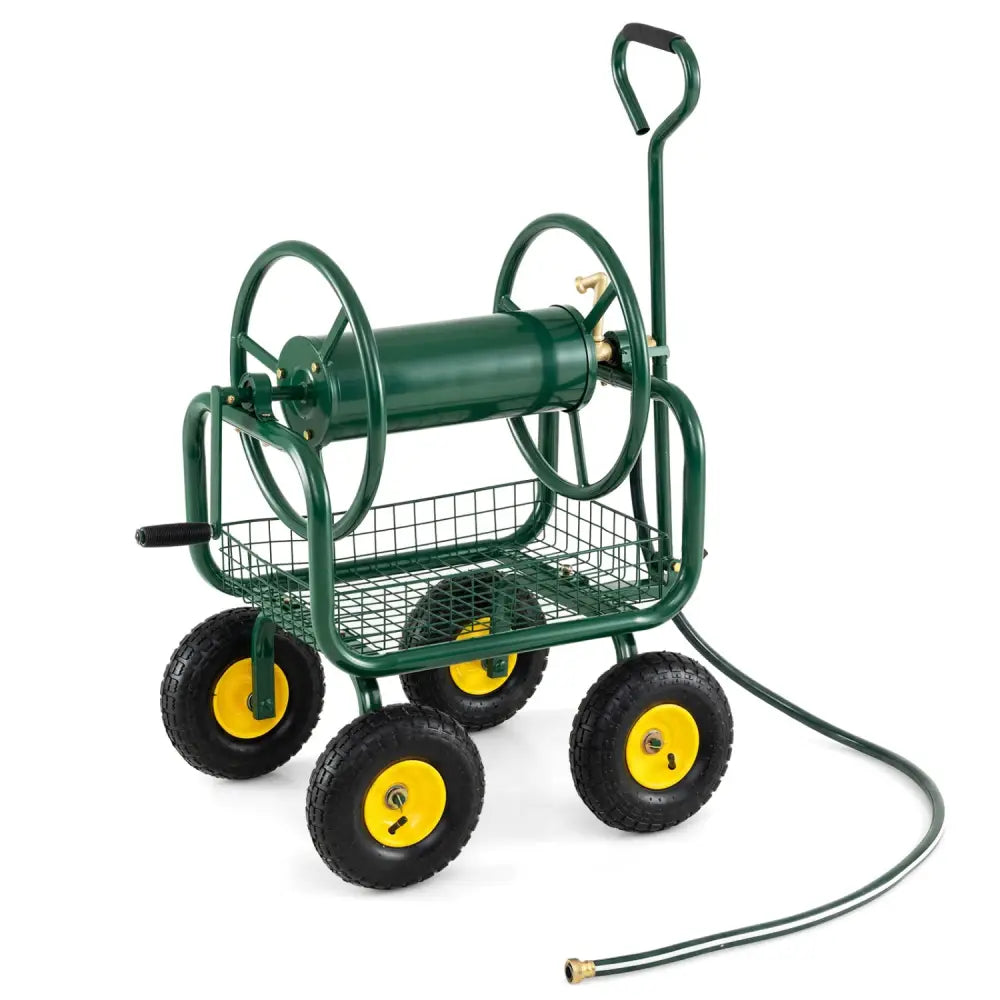 Garden Hose Reel Cart 300 Feet Large Capacity with 4 Wheels and Storage Basket-Green - Green - Watering & Irrigation