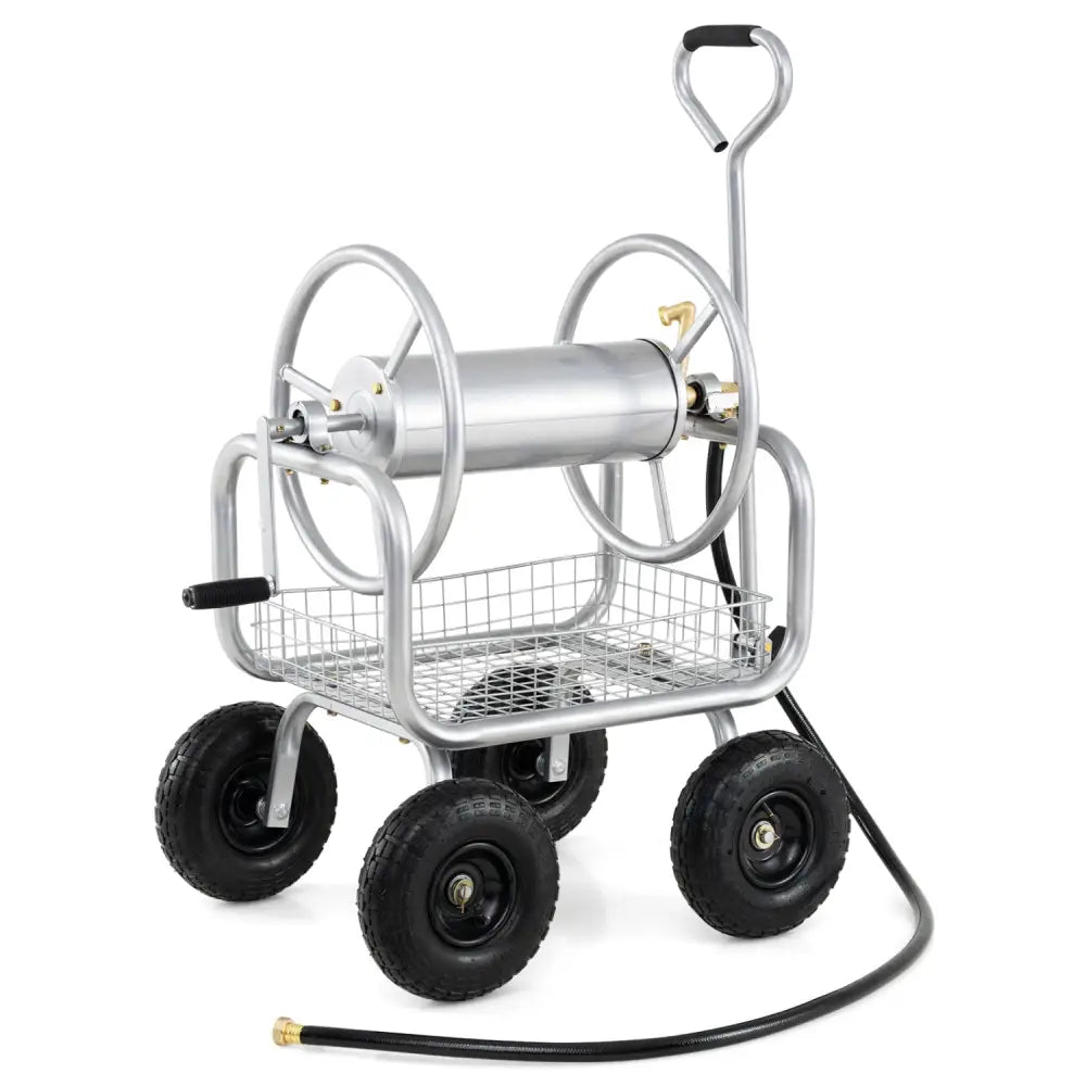 Garden Hose Reel Cart 300 Feet Large Capacity with 4 Wheels and Storage Basket-Silver - Silver - Watering & Irrigation
