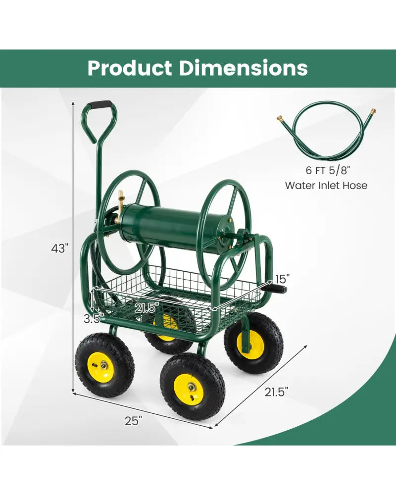 Garden Hose Reel Cart 300 Feet Large Capacity with 4 Wheels and Storage Basket-Green - Green - Watering & Irrigation