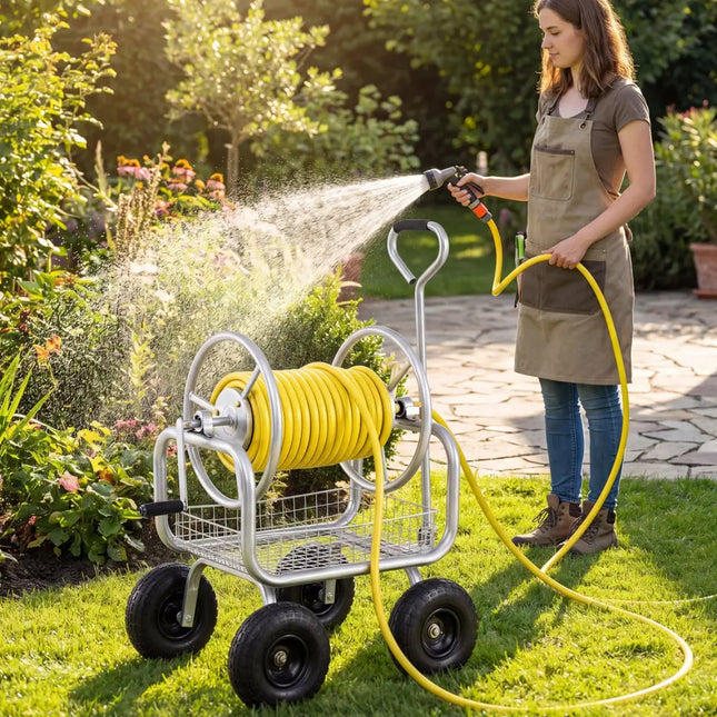Garden Hose Reel Cart 300 Feet Large Capacity with 4 Wheels and Storage Basket-Silver - Silver - Watering & Irrigation