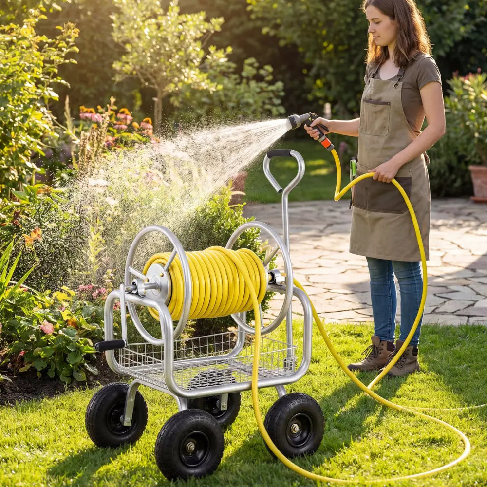Garden Hose Reel Cart 300 Feet Large Capacity with 4 Wheels and Storage Basket-Silver - Silver - Watering & Irrigation