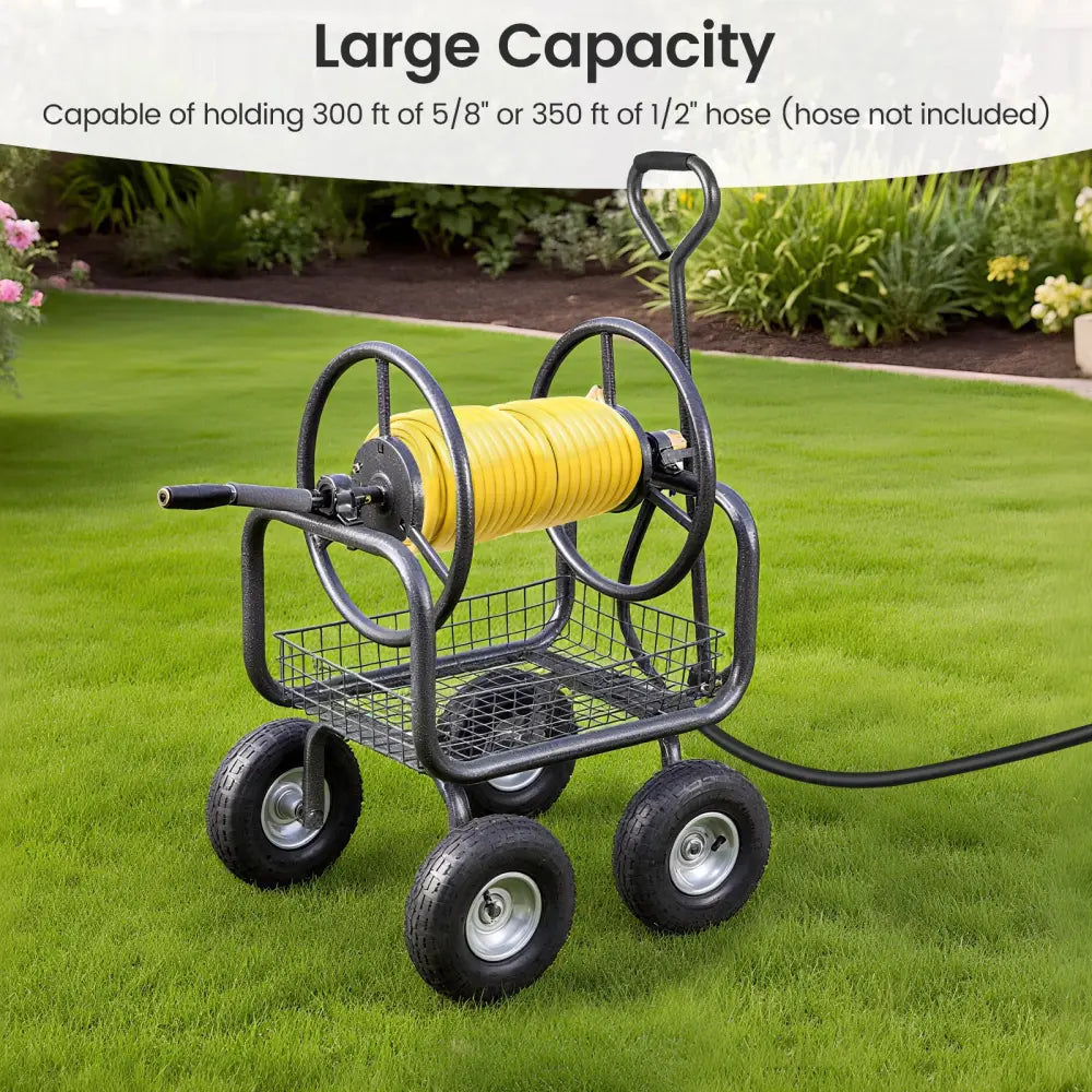 Garden Hose Reel Cart 300 Feet Large Capacity with 4 Wheels and Storage Basket-Gray - Gray - Watering & Irrigation