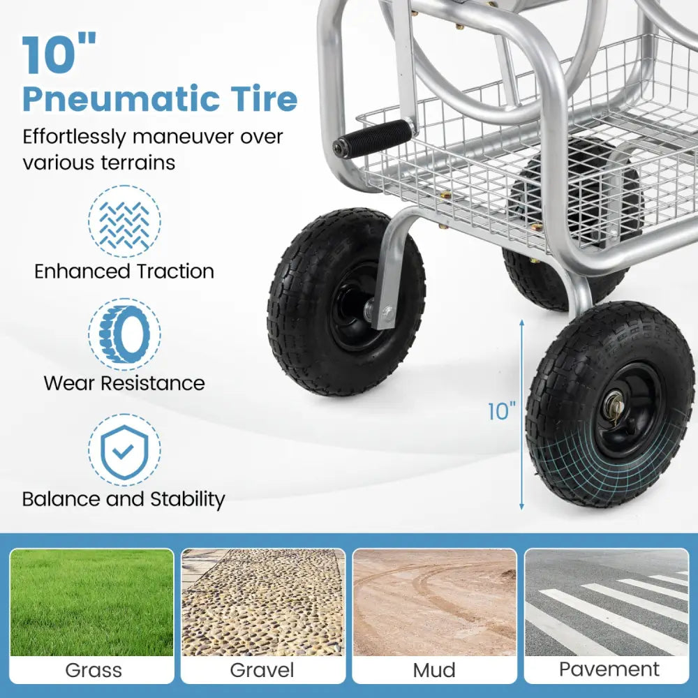 Garden Hose Reel Cart 300 Feet Large Capacity with 4 Wheels and Storage Basket-Silver - Silver - Watering & Irrigation
