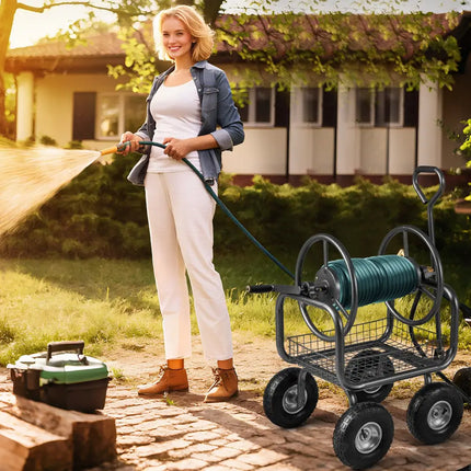 Garden Hose Reel Cart 300 Feet Large Capacity with 4 Wheels and Storage Basket-Gray - Gray - Watering & Irrigation
