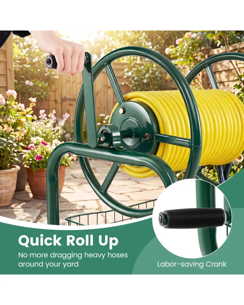 Garden Hose Reel Cart 300 Feet Large Capacity with 4 Wheels and Storage Basket-Green - Green - Watering & Irrigation