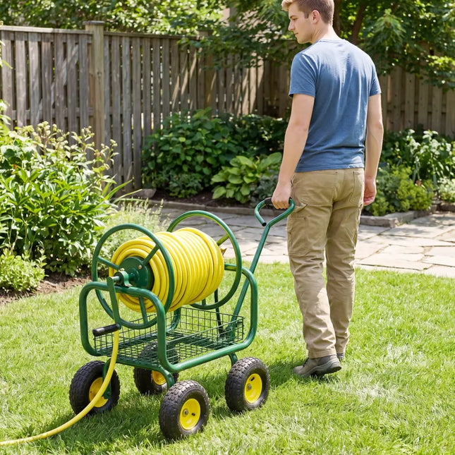 Garden Hose Reel Cart 300 Feet Large Capacity with 4 Wheels and Storage Basket-Green - Green - Watering & Irrigation