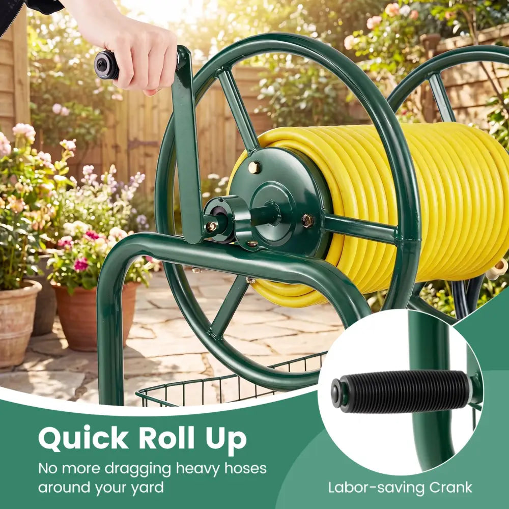 Garden Hose Reel Cart 300 Feet Large Capacity with 4 Wheels and Storage Basket-Green - Green - Watering & Irrigation