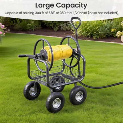 Garden Hose Reel Cart 300 Feet Large Capacity with 4 Wheels and Storage Basket-Gray - Gray - Watering & Irrigation