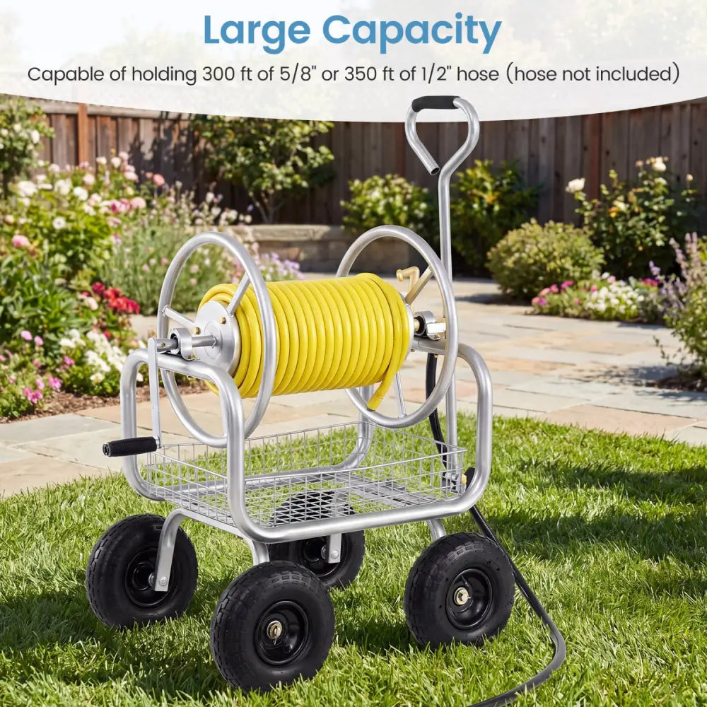 Garden Hose Reel Cart 300 Feet Large Capacity with 4 Wheels and Storage Basket-Silver - Silver - Watering & Irrigation